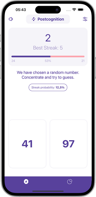 iPhone running the Intuitio app on a postcognition round